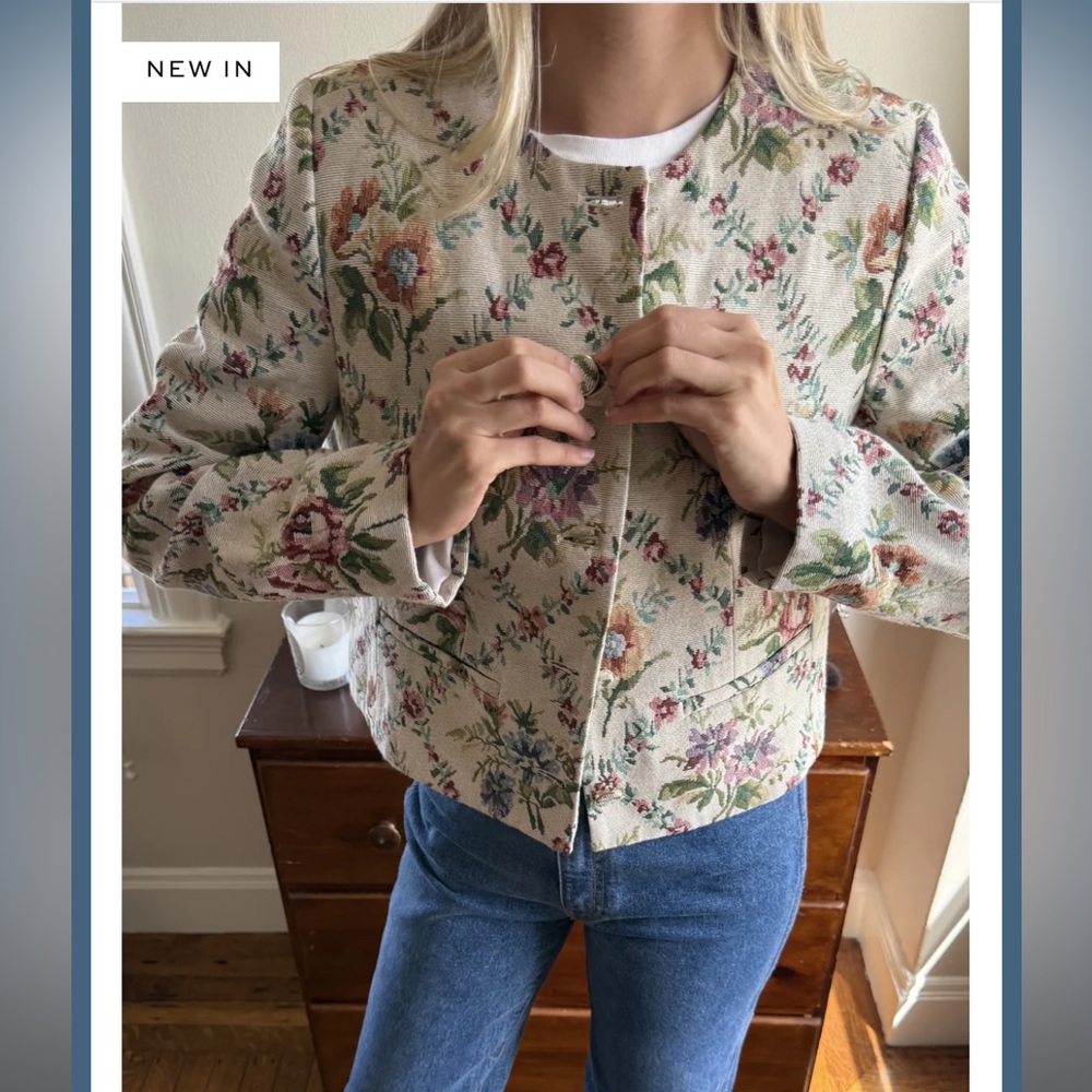 Hill House Home The Virginia Jacket in Tapestry Trellis Brocade Cream Pink Multi - Picture 7 of 8